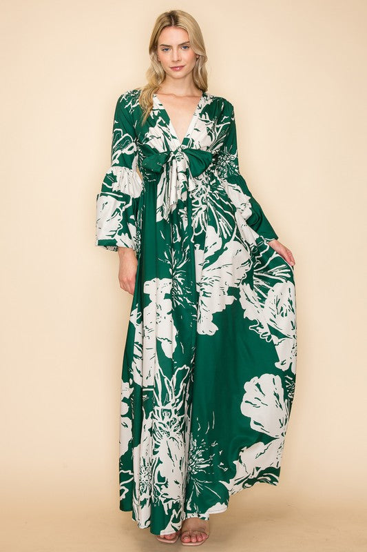 Printed V Neck Green Maxi Dress