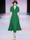 Women Dress Green Color Turn-down Collar Pockets Button