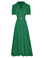 Women Dress Green Color Turn-down Collar Pockets Button