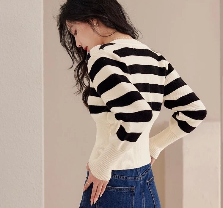 Stripes Knitted Cardigan Basic Double Breasted