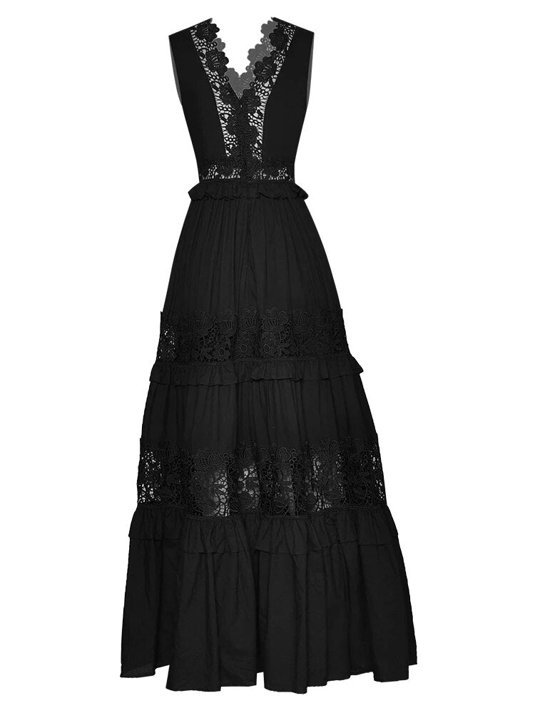 Holiday V-neck Sleeveless High waist Hollow out Lace Long Dress