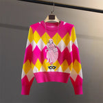 Embroidery Argyle Pink Sweater