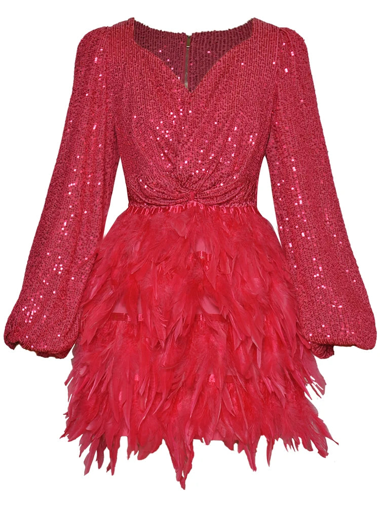 Sequins Elastic Waist Feather Mini Dress