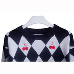 Cherry Argyle Embroidery Pullover