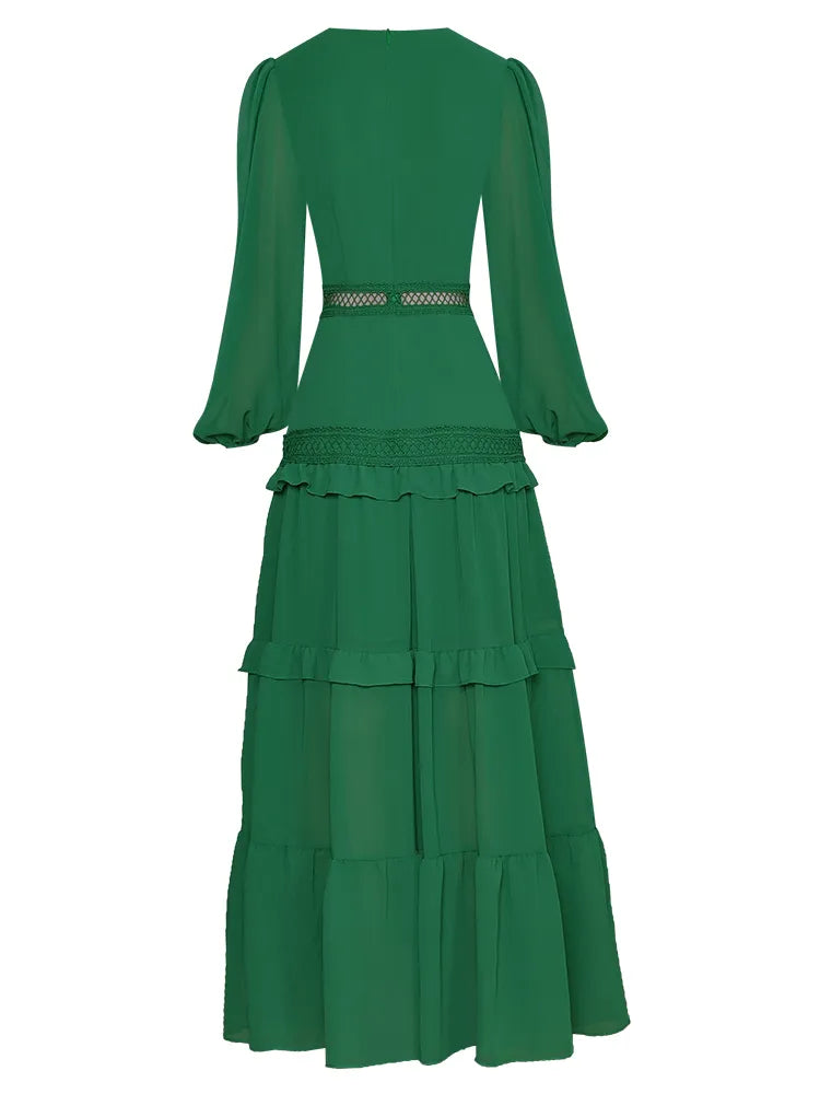 Lantern sleeve Ruffles Green Maxi Dress