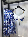 Two Pieces  blue and white porcelain print skirt set